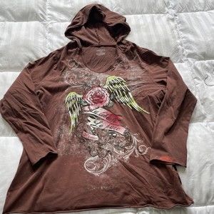 Angel Wings Graphic Y2K Hooded Brown Long Sleeve Shirt Veneiza 2XL
